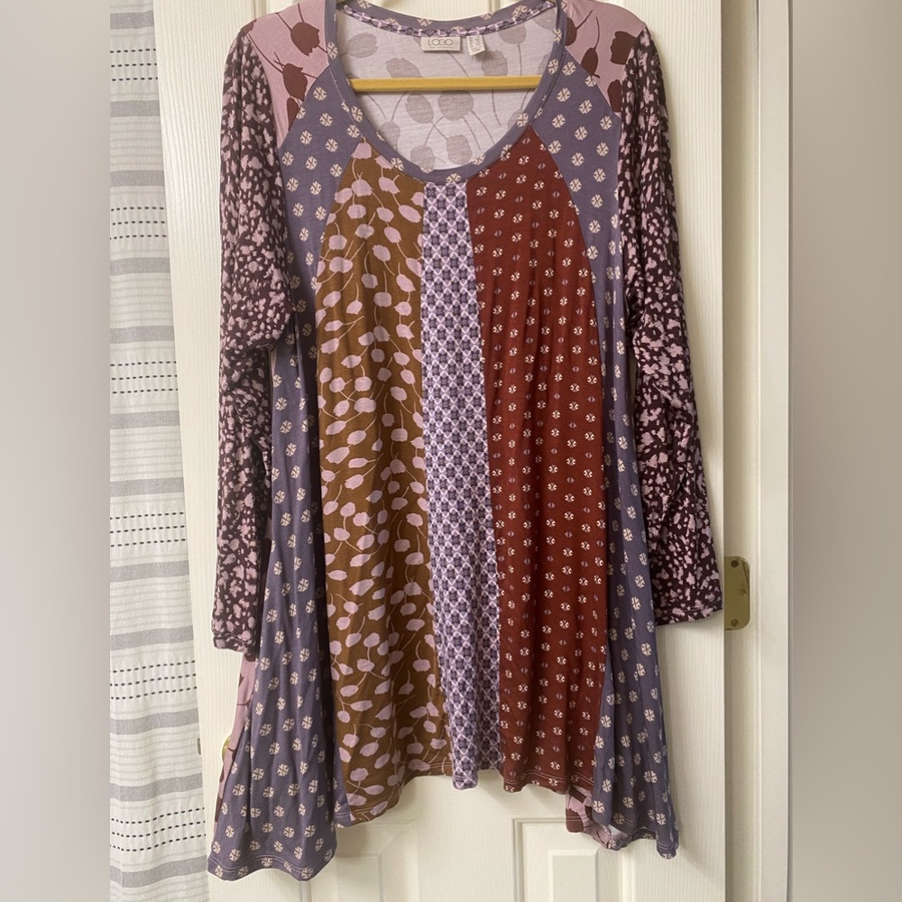 LOGO by Lori Goldstein Patchwork Long Sleeve Tunic in Mauve, Rust, Olive